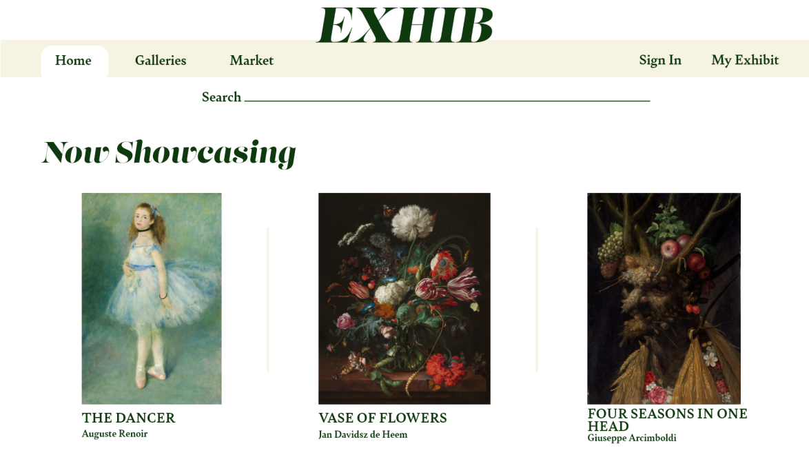 Screenshot of Exhib's homepage.